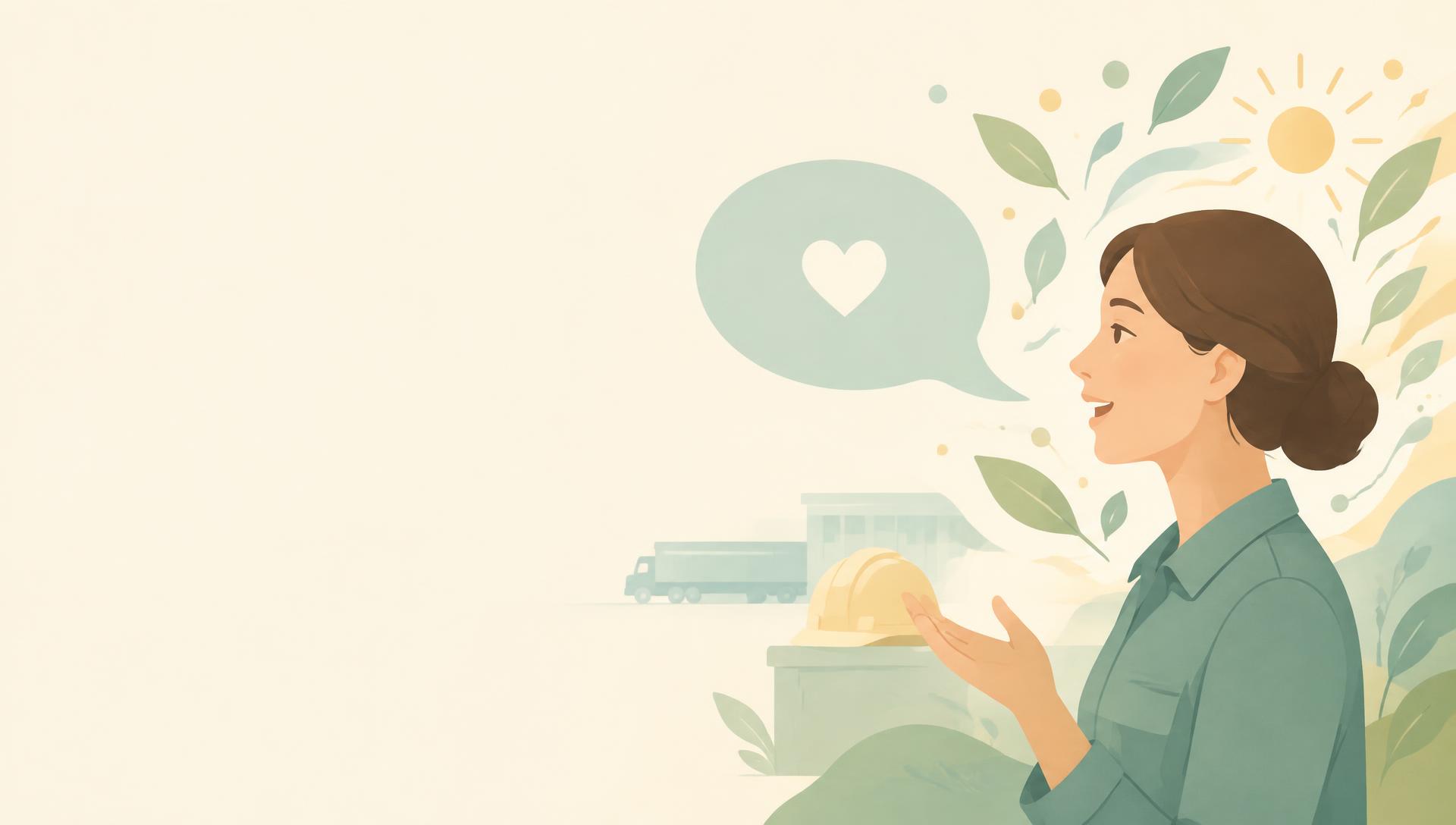 Ilustração acolhedora de uma pessoa se expressando, com símbolos de escuta, bem-estar e segurança no trabalho